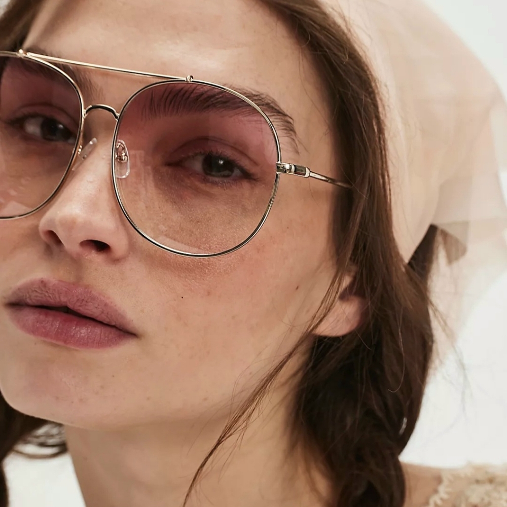Free People Pasadena Oversized Aviator Sunglasses Gold Pink Lens